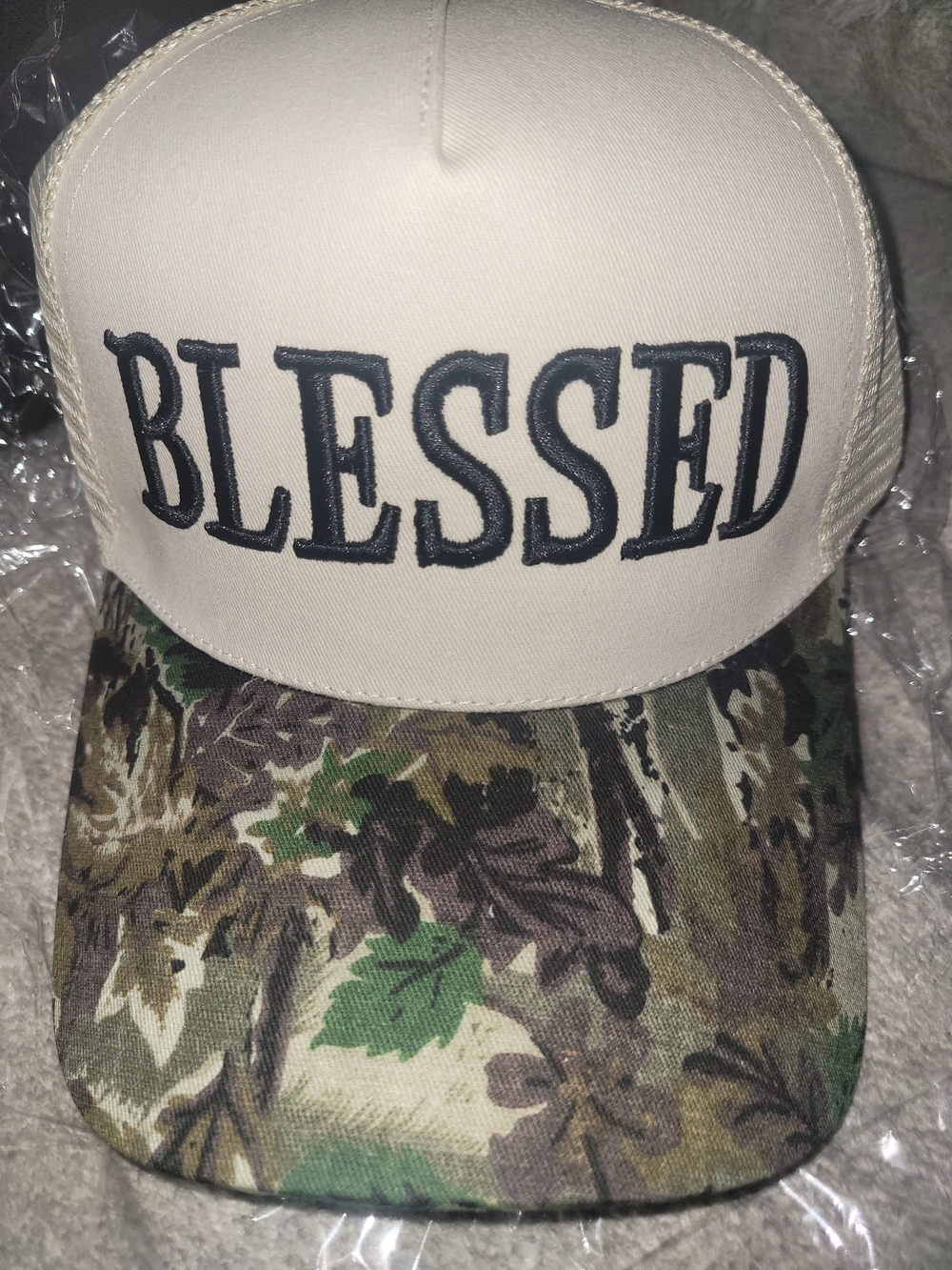 BLESSED Embroidered Trucker Hat - Cream & Camouflage Brim